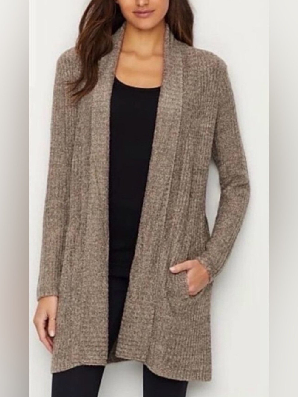 Barefoot Dreams CozyChic Lite Montecito Cardigan S Taupe Longline Pockets